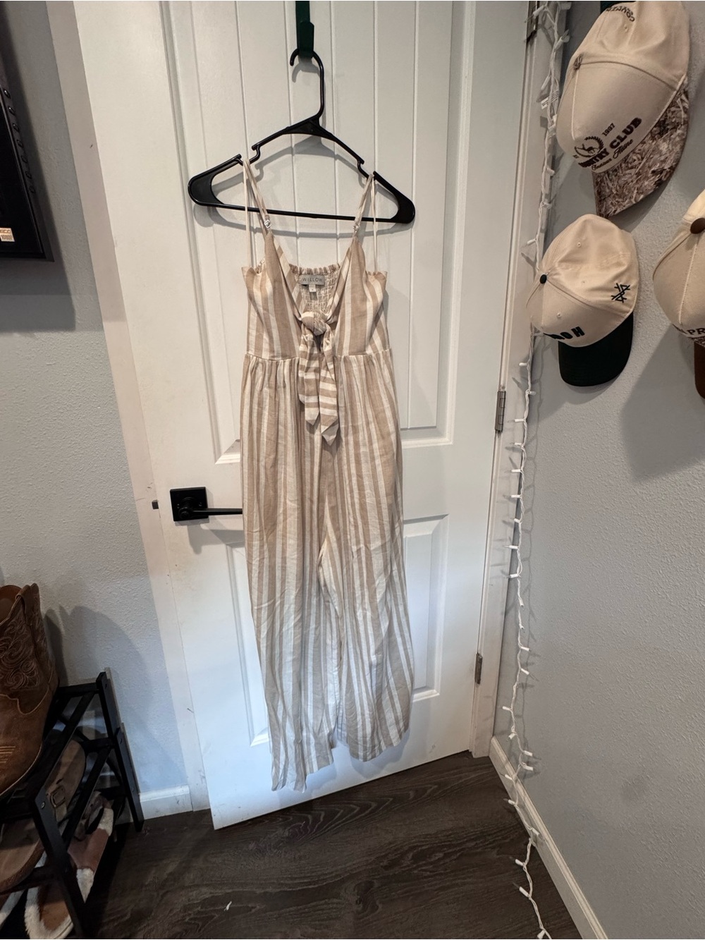 Striped Beige Wide-Leg Jumpsuit with Tie Front